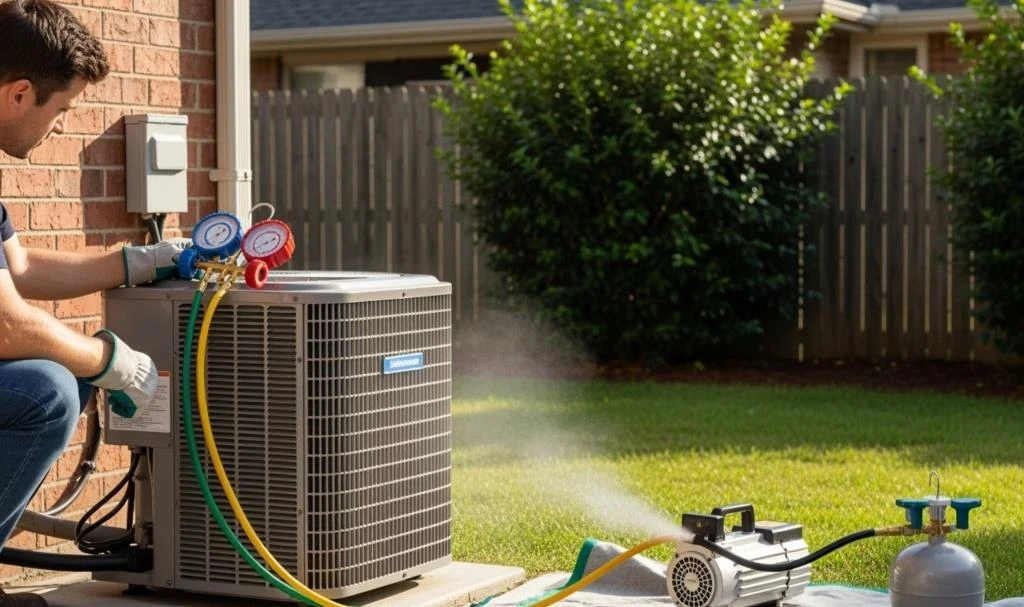 HVAC vacuum pump evacuation service on outdoor condenser in Aviara Carlsbad