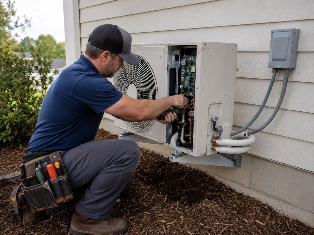 Licensed HVAC specialist servicing and calibrating variable-speed inverter control boards on whisper-quiet outdoor heat pump at an Aviara luxury residence