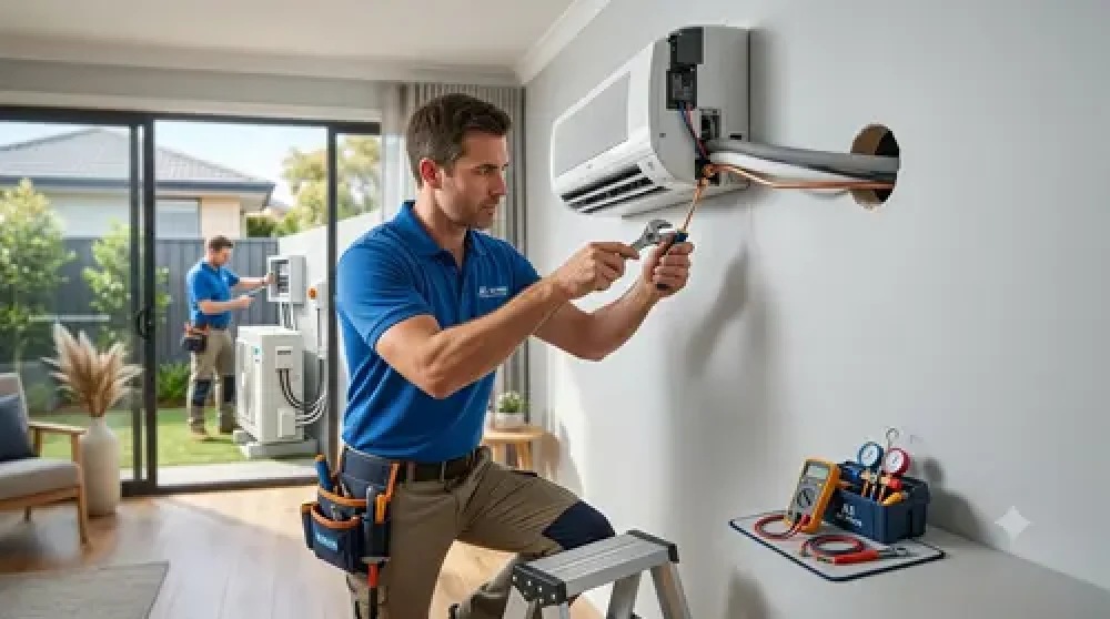HVAC technicians servicing ductless mini split and living room heating cooling in Aviara Carlsbad