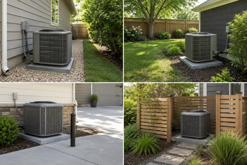 Four examples of clean outdoor air conditioner and heat pump installations on gravel and concrete pads