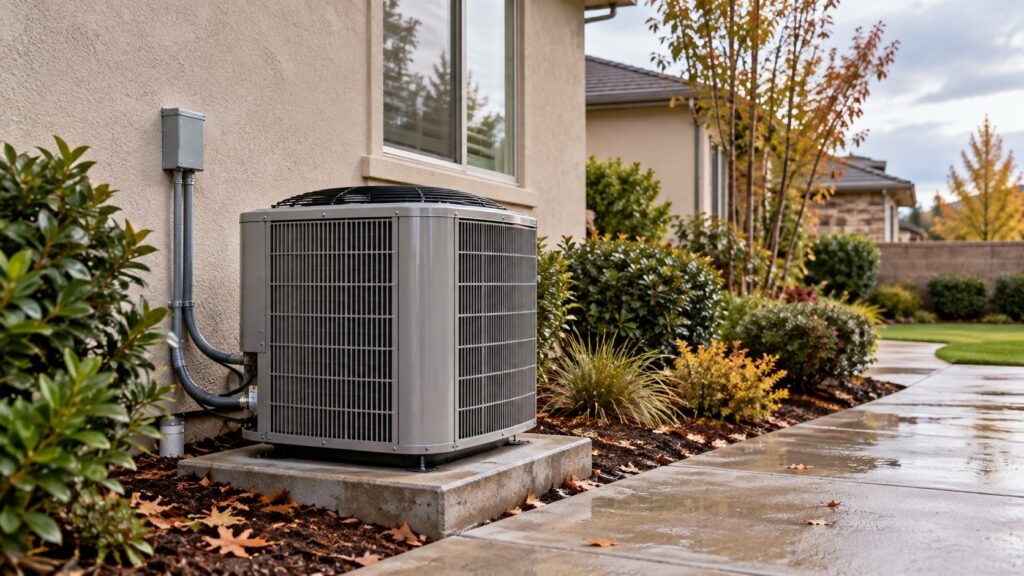 Outdoor heat pump condenser ready for winter heating on a clean concrete pad in Carlsbad