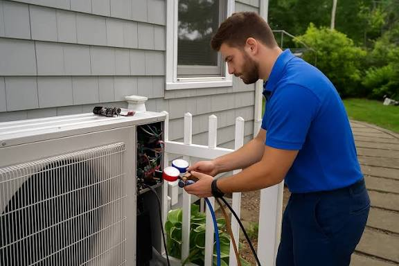 Technician checking refrigerant pressure on outdoor AC unit in Cardiff