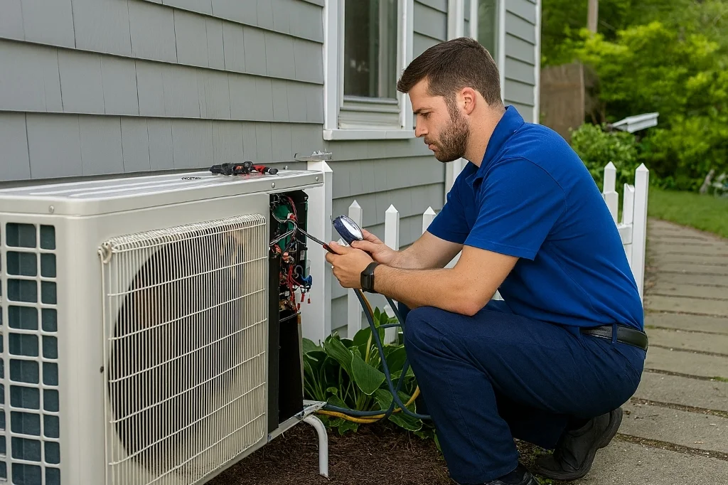 Technician servicing outdoor compressor in Cardiff-by-the-Sea