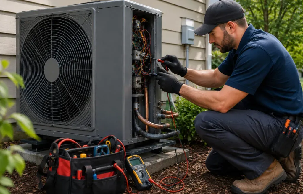 CSLB C-20 licensed technician diagnosing outdoor AC electrical components with digital multimeter in Carlsbad CA