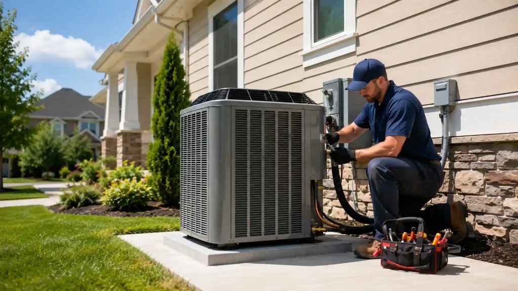 Professional technician inspecting outdoor condenser fan motor and electrical wiring in Carlsbad