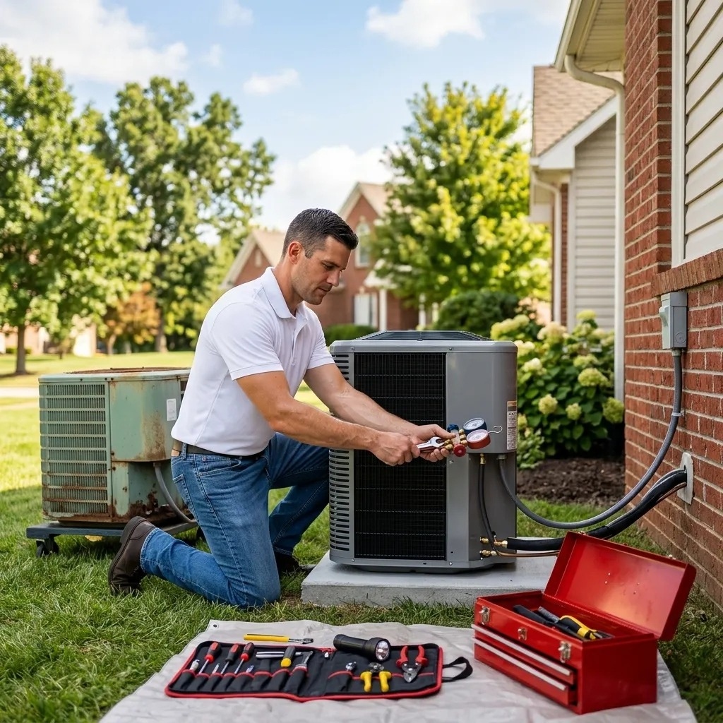 HVAC technician checking pressure gauges during cooling service