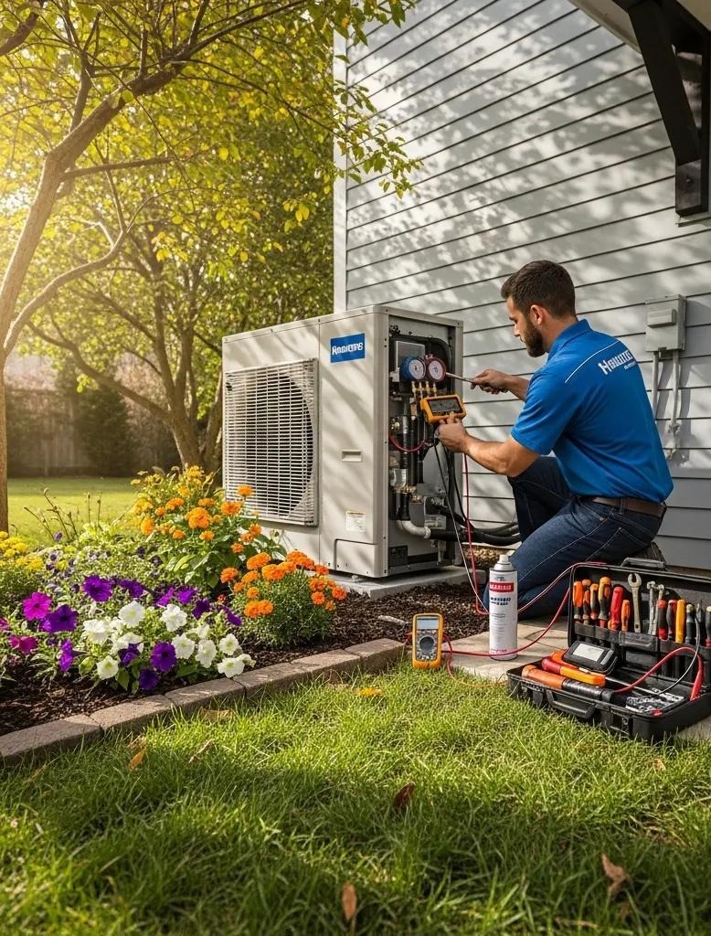 HVAC technician clearing vegetation and inspecting outdoor heat pump condenser in Carlsbad