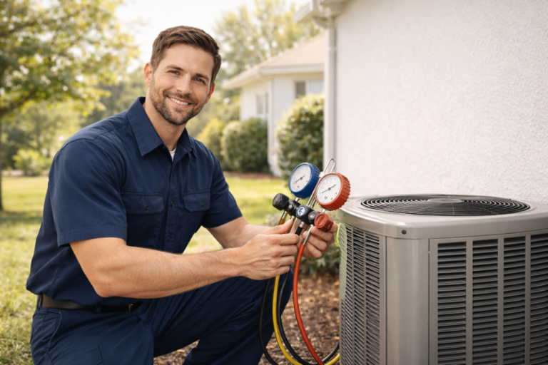 Technician testing outdoor heat pump unit heating pressures and refrigerant levels
