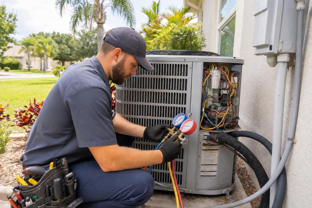 Licensed technician troubleshooting electronic circuit board on modern inverter heat pump