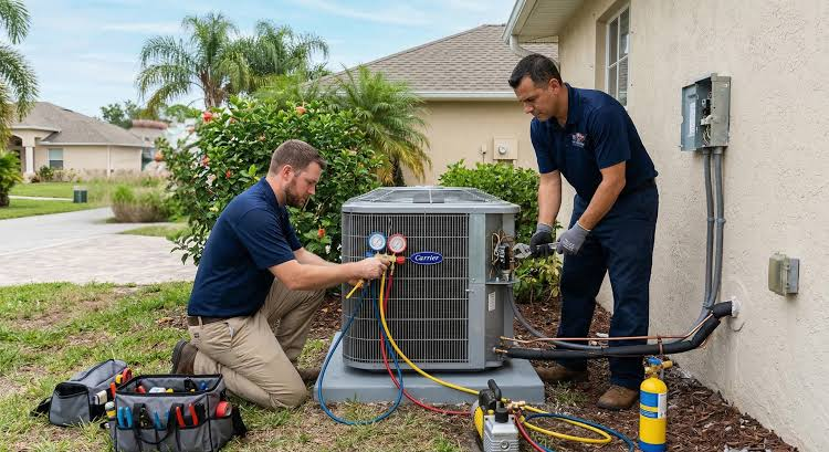 Licensed Carlsbad HVAC technicians servicing Carrier outdoor cooling system