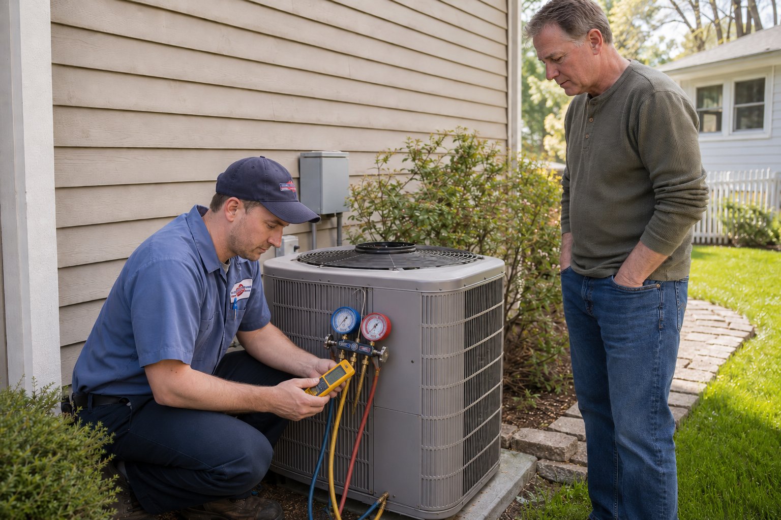 Carlsbad HVAC technician using digital electronic sniffer to locate microscopic refrigerant leak