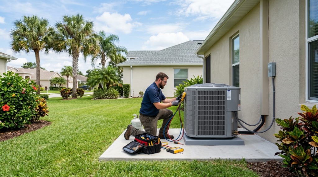 Carlsbad HVAC Pros technician servicing Carrier residential air conditioner