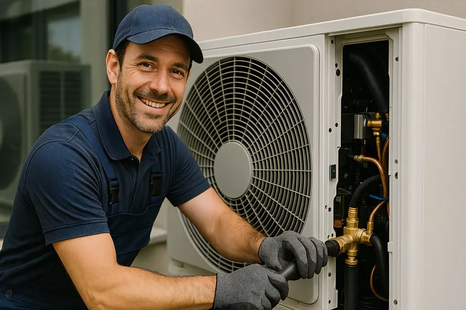 Licensed HVAC technician smiling while servicing residential heat pump heating and cooling equipment in Carlsbad