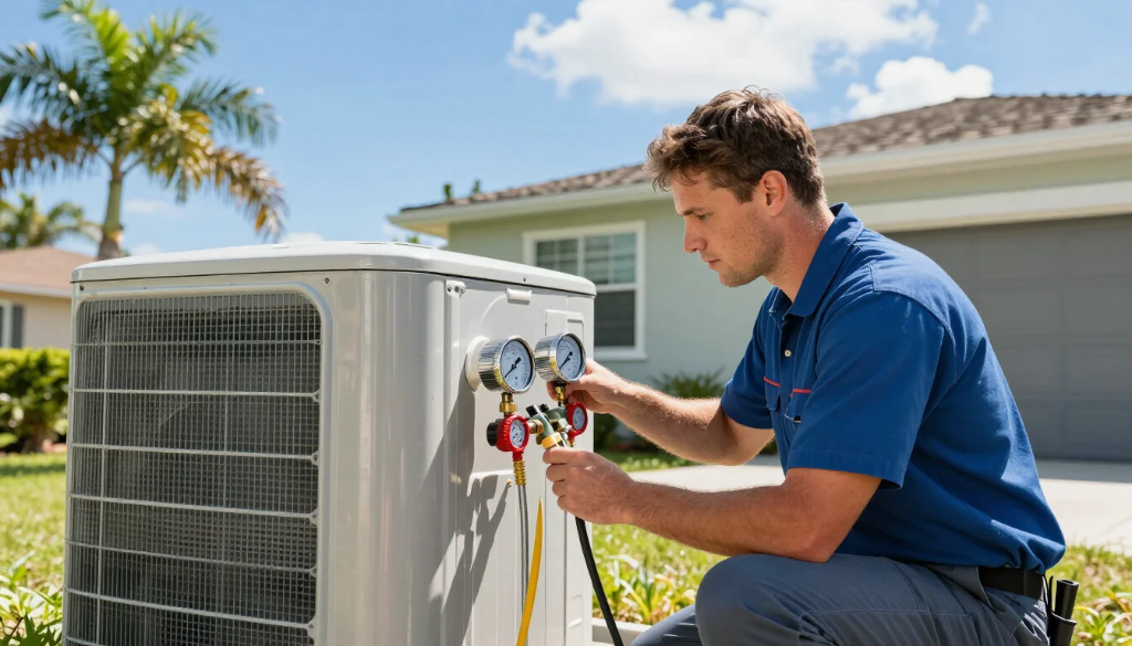 Certified technician testing refrigerant pressures and dials on newly installed unit