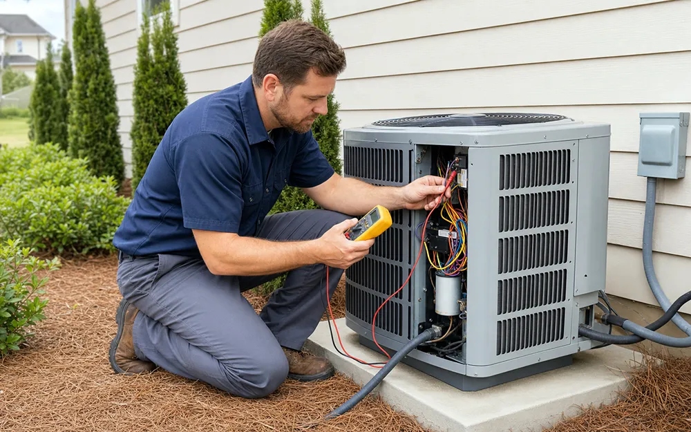 Licensed technician checking electrical voltages on new AC unit in Carlsbad