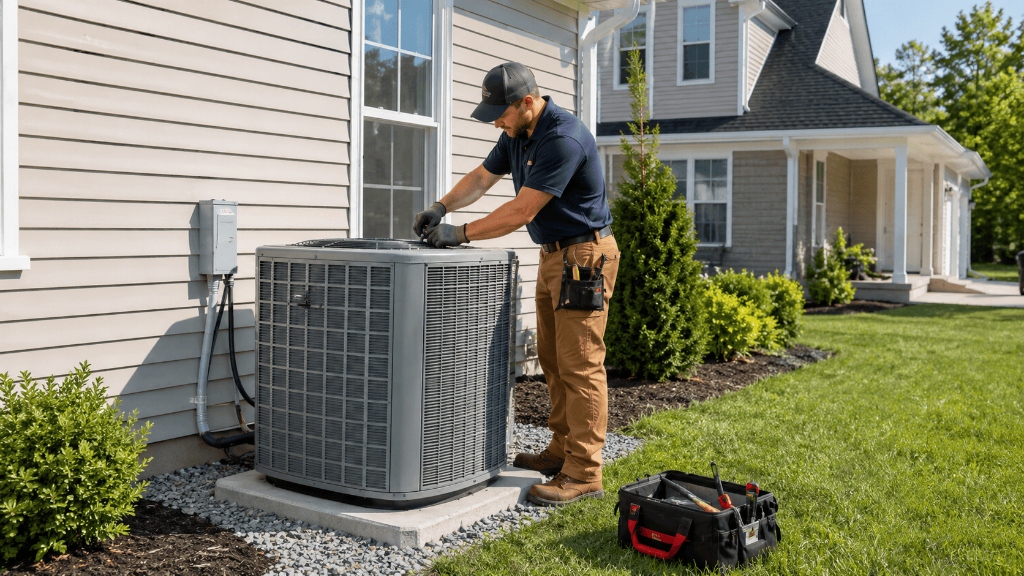 Licensed Carlsbad HVAC Pros technician on-site performing outdoor air conditioner maintenance