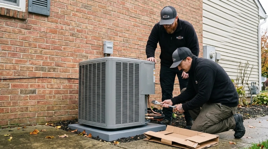 Two licensed Carlsbad HVAC Pros technicians servicing residential central air conditioning system