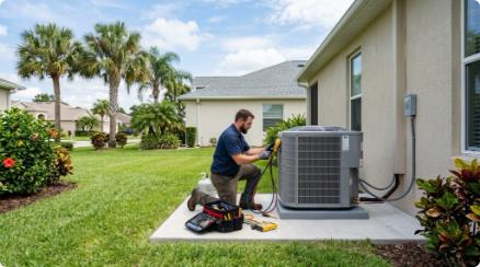 Local Carlsbad technician servicing residential outdoor HVAC unit on coastal lawn