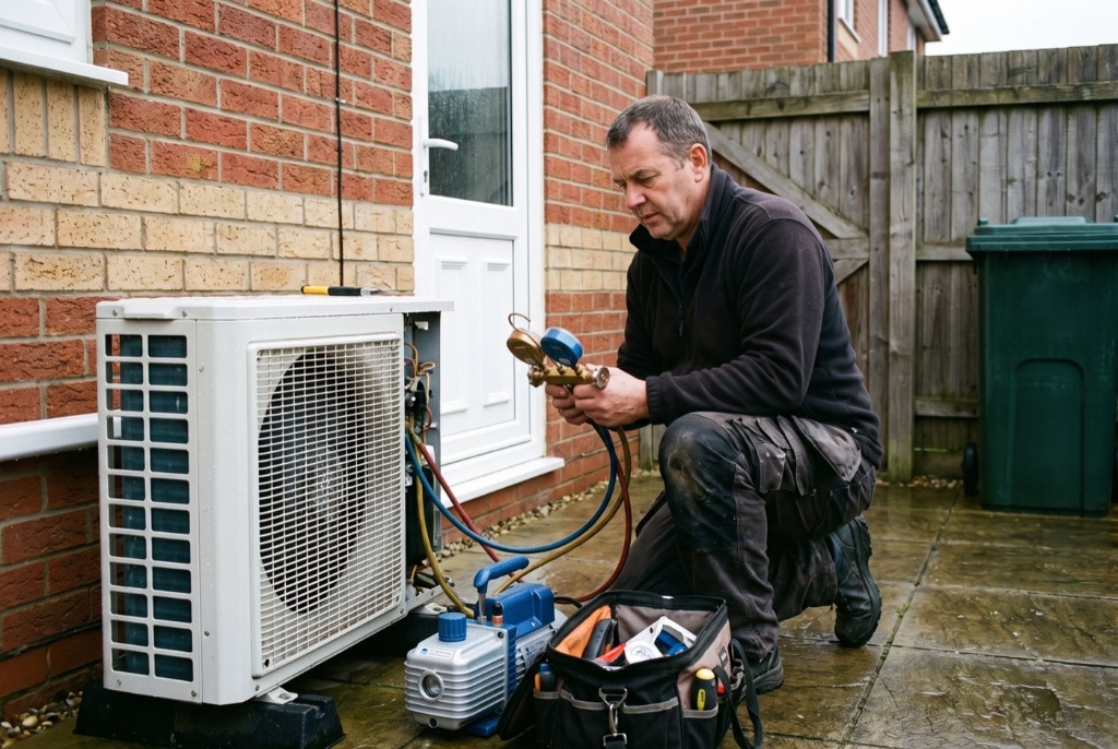 Certified Carlsbad HVAC technician testing heat pump refrigerant pressures with digital manifold gauges in Carlsbad Village home