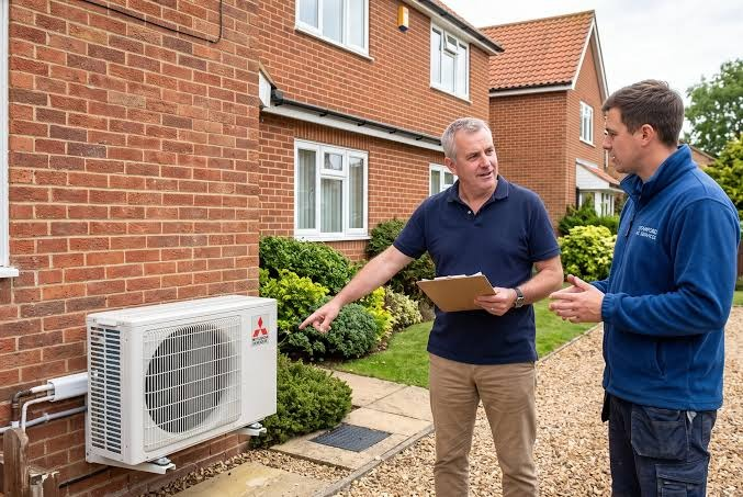 HVAC supervisor reviewing Title 24 efficiency paperwork and thermostat controls with Carlsbad Village homeowner beside new Mitsubishi heat pump