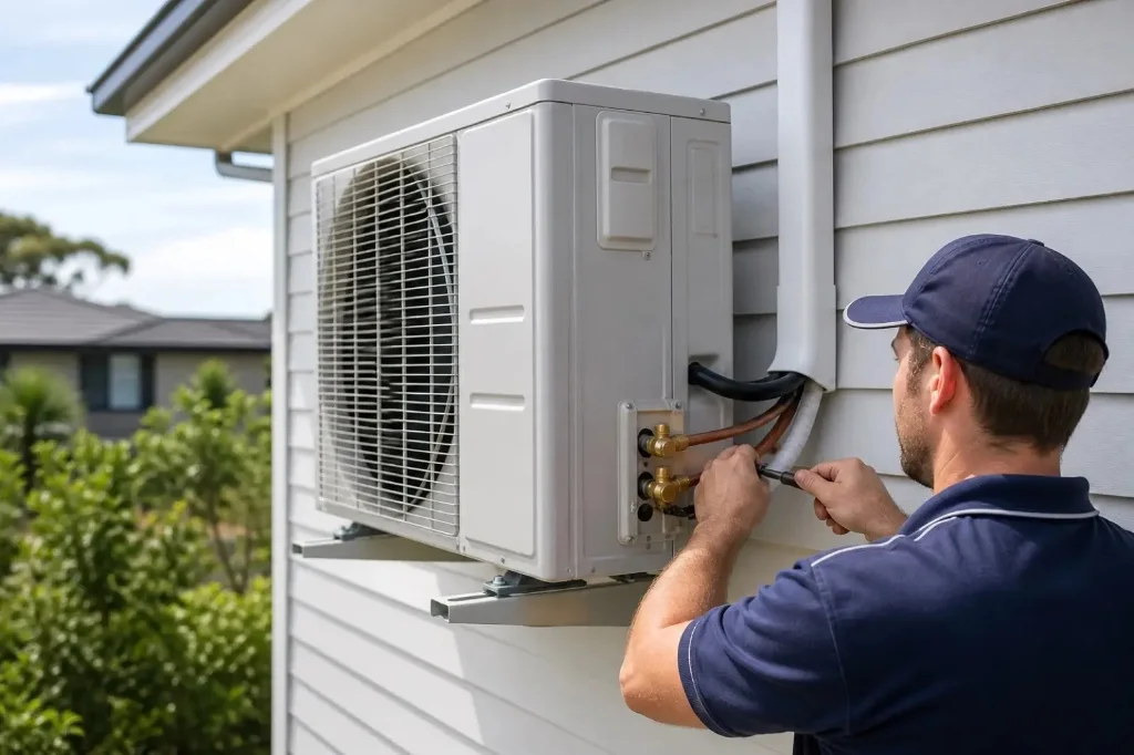 Carlsbad HVAC Pros technician testing heat pump service valves with digital manifold gauges in Encinitas CA