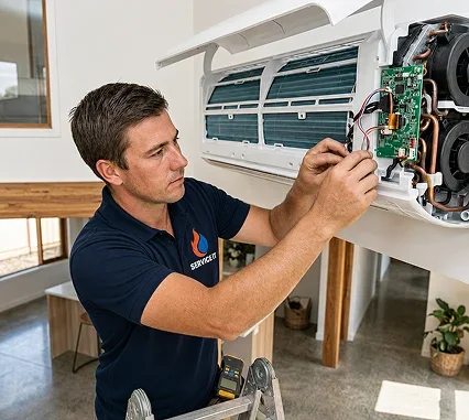 Technician diagnosing indoor air handler control board with digital multimeter in Encinitas CA home