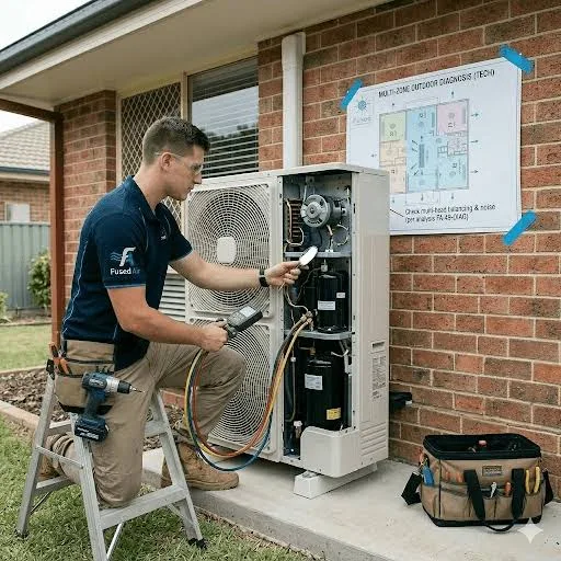 Technician checking multi-zone heat pump condenser with diagnostic gauges in Encinitas