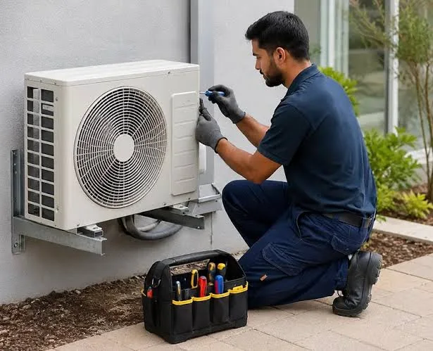 Carlsbad HVAC Pros technician inspecting outdoor wall mounted condenser on Encinitas coastal residence