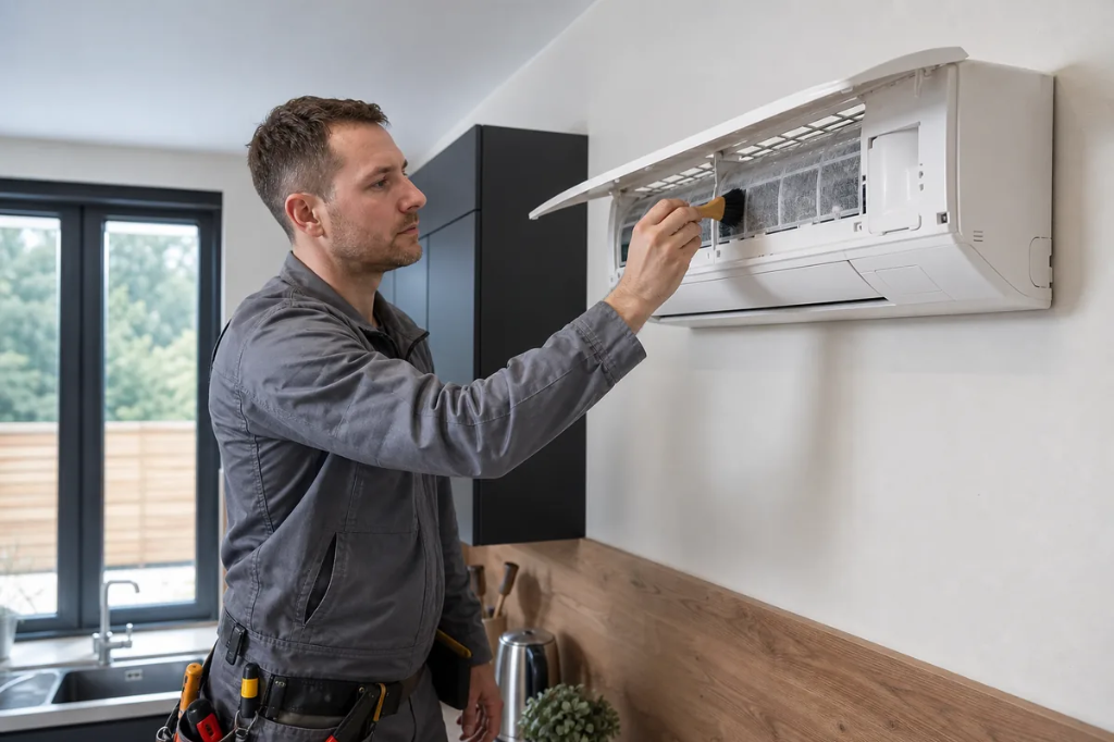 Technician cleaning evaporator coil in Escondido