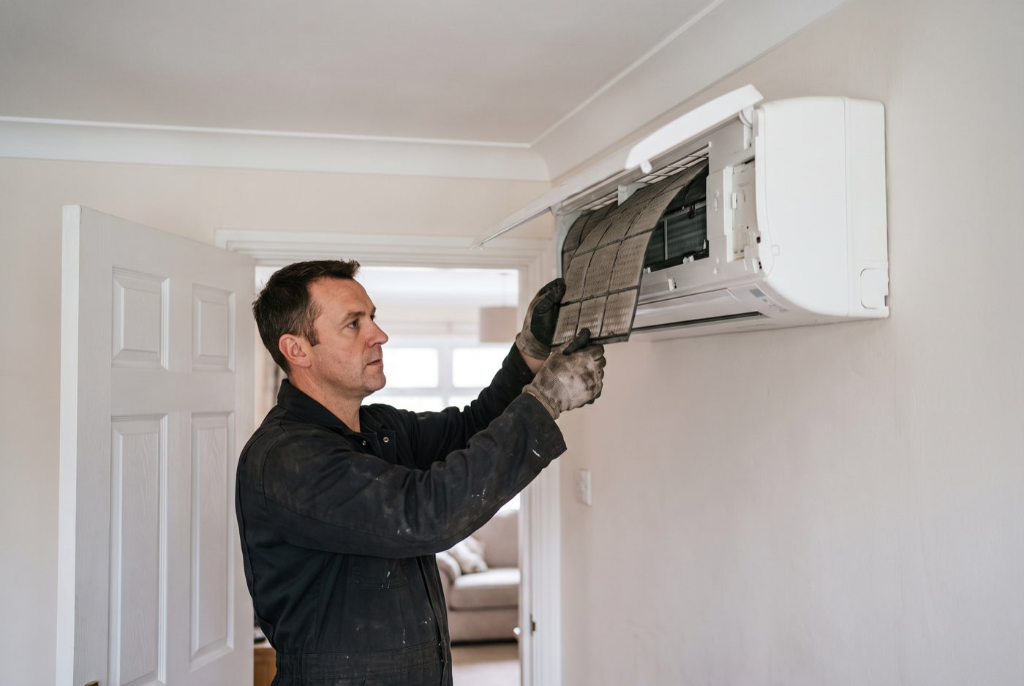 Technician sliding out air filter in Escondido