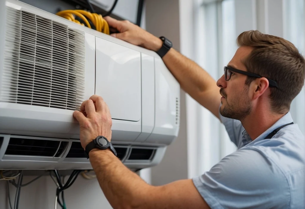 HVAC technician inspecting indoor unit air filter and top ventilation louver in La Costa Carlsbad