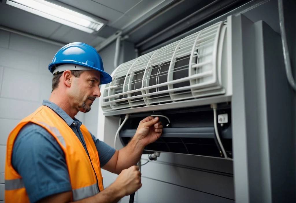 Technician in hard hat and safety vest inspecting electrical casing and disconnect box in La Costa