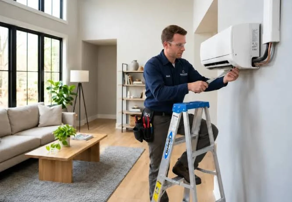HVAC technician on ladder servicing indoor ductless mini split unit in La Costa living room