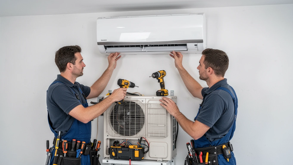 Two certified technicians installing high-efficiency heat pump mini-split system in La Costa, CA