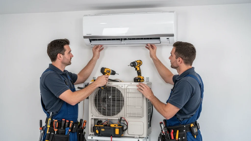 Two certified HVAC technicians servicing heat pump and outdoor inverter unit in La Costa Carlsbad