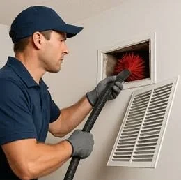 Technician cleaning wall duct opening with rotary brush and high-powered vacuum in Rancho Bernardo