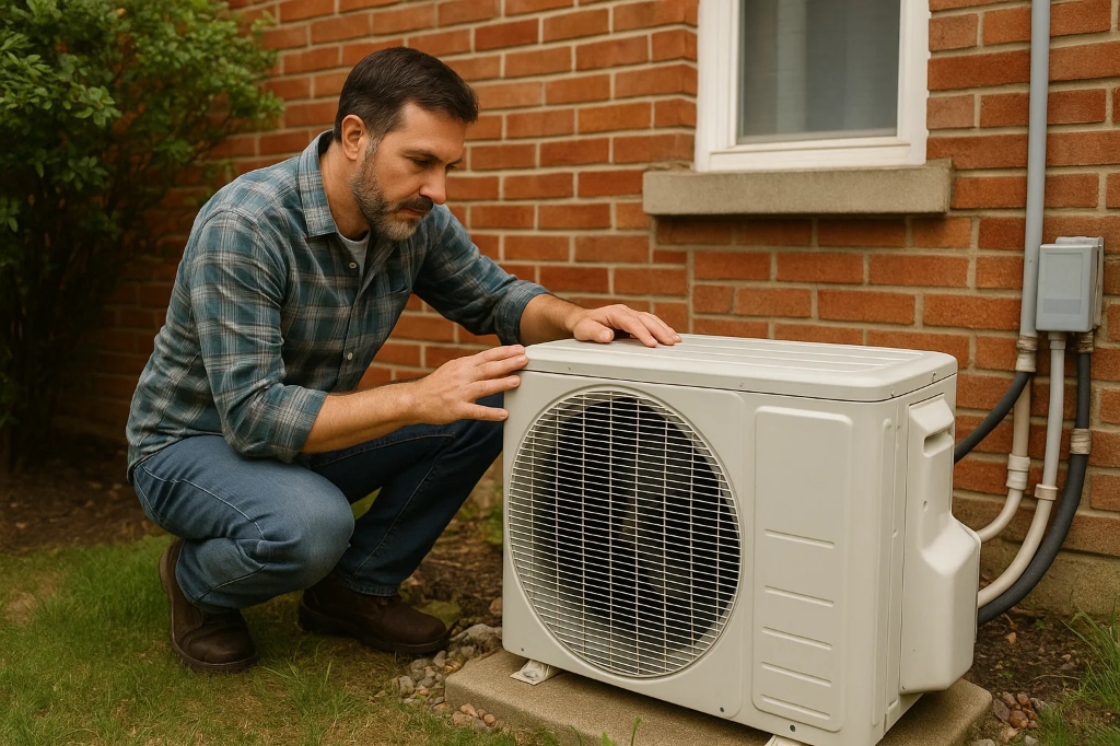 Technician inspecting an outdoor heat pump condenser in San Marcos