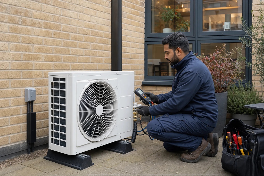 Technician checking refrigerant pressure with digital gauge in San Marcos