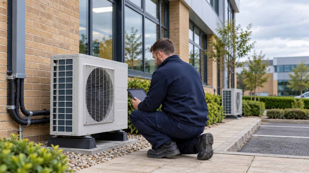 HVAC technician using diagnostic tablet to verify heating circuits in San Marcos