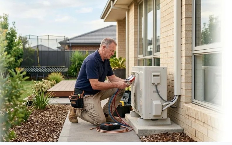 Certified HVAC technician testing cooling system pressure with manifold gauges on an outdoor AC unit in Solana Beach CA