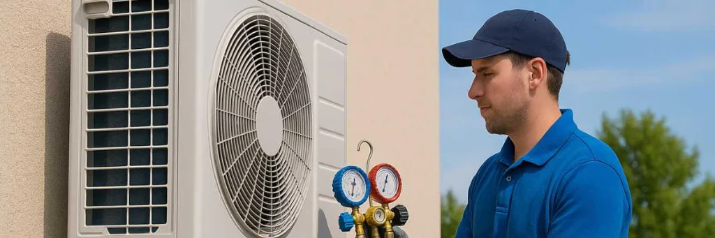 Carlsbad HVAC Pros technician measuring suction and discharge pressure on an oceanfront Solana Beach air conditioning condenser with manifold test gauges