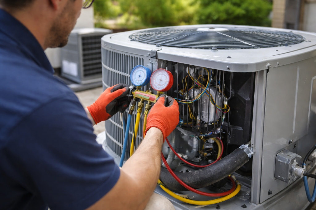 Technician testing outdoor AC compressor pressure valves with manifold gauges in Solana Beach CA