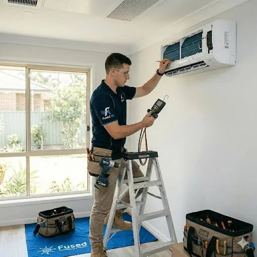 Solana Beach technician servicing an indoor ductless mini-split wall unit inspecting blower wheel and cleaning washable filters