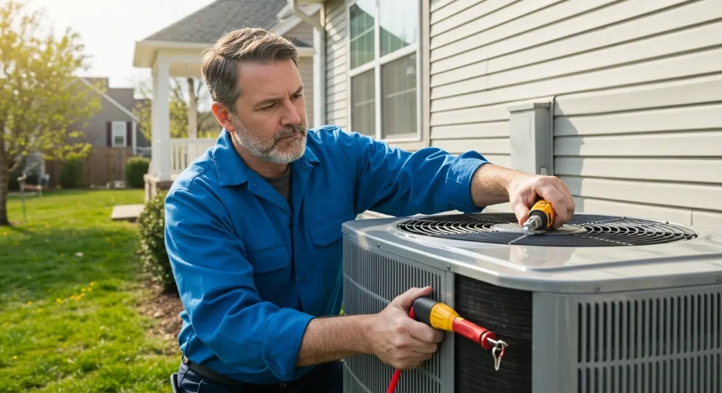 Certified technician inspecting outdoor condenser fan in Oceanside