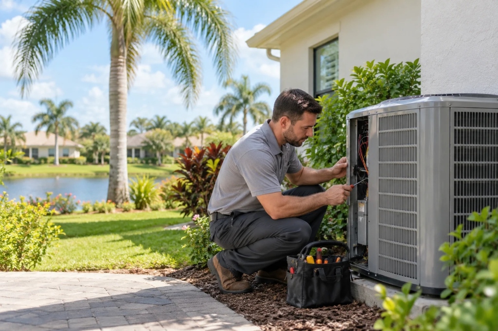 Technician checking heat pump wiring in Oceanside