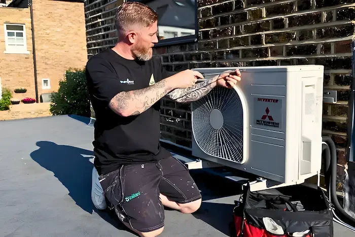 Certified technician running diagnostic pressure and electrical tests on a high-efficiency inverter heat pump system in Vista
