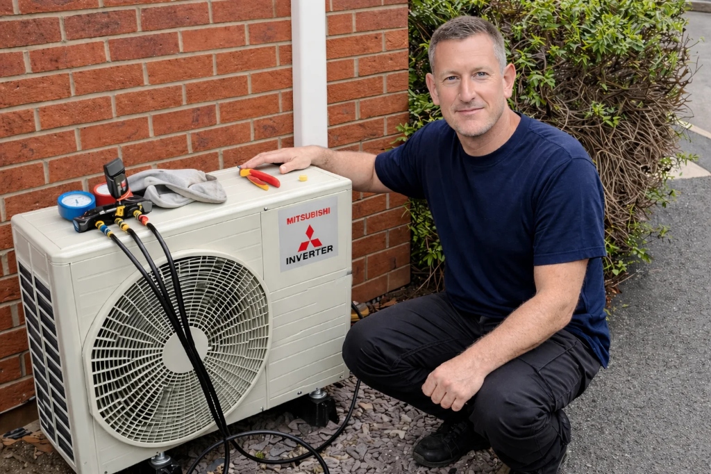 Friendly Carlsbad HVAC technician checking refrigerant pressure on a Mitsubishi Electric Inverter heat pump in Vista